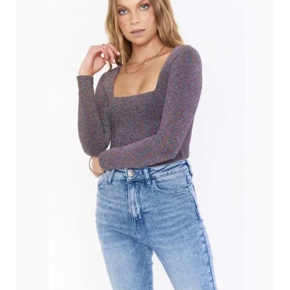 Show Me Your MUMU Long Sleeve Glitter Rainbow Square Neck Bodysuit Size XS/S h20